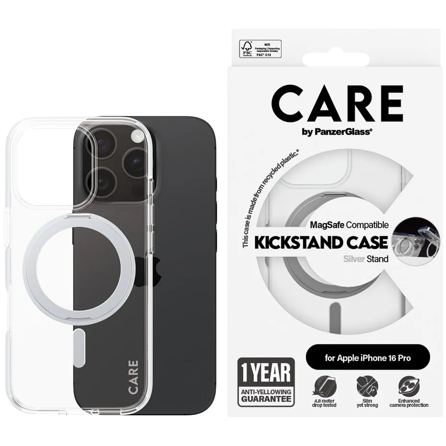CARE by PanzerGlass Feature Case Transparent w. Silver Kickstand & MagSafe iPhone 16 Pro