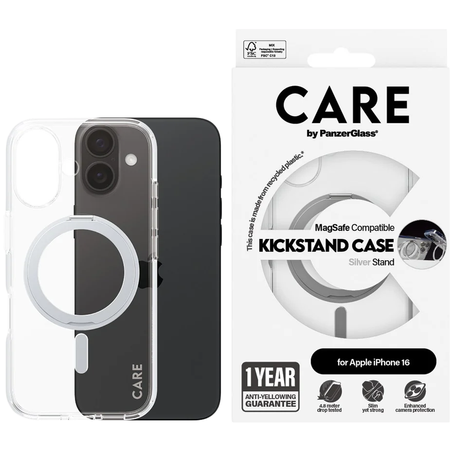 CARE by PanzerGlass Feature Case Transparent w. Silver Kickstand & MagSafe iPhone 16