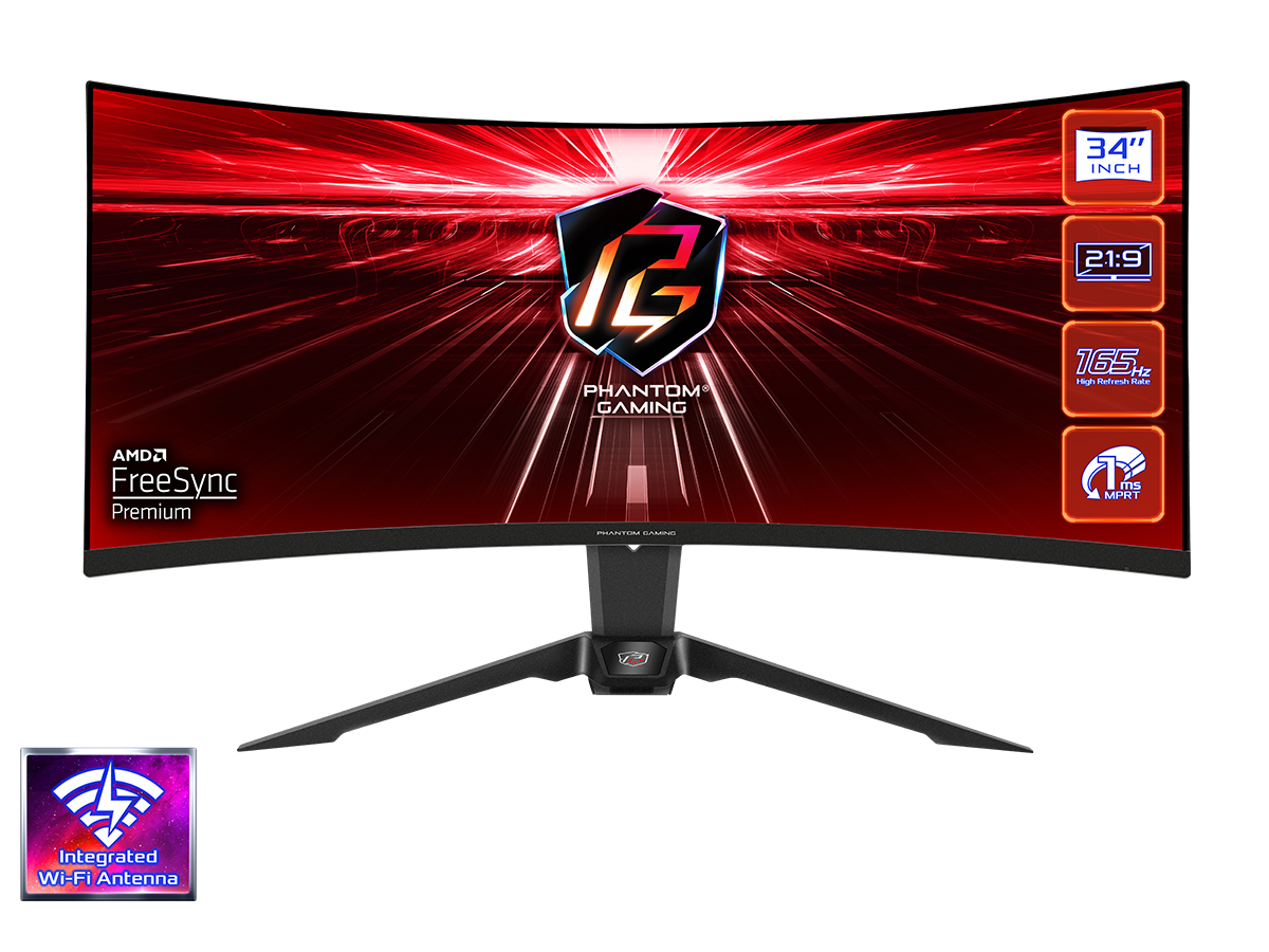 ASROCK MONITOR PG34WQ15R2B 34″CURVED GAMING;WQHD;165Hz;1ms;2xHDMI,DP;Speaker,High,Swivel,Tilt,WiFi